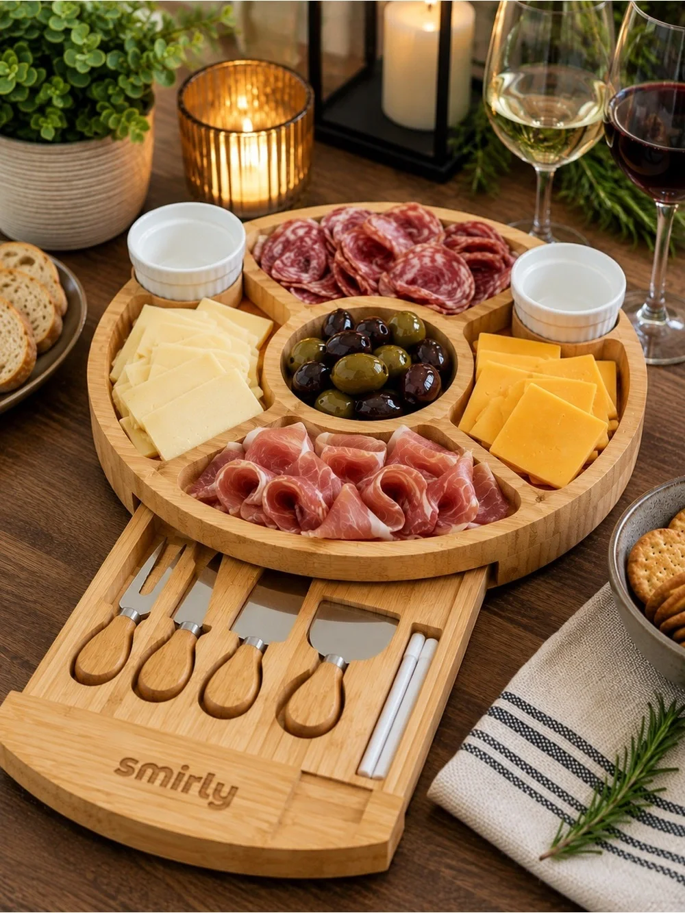 Charcuterie Cheese Board & Cutlery Set with  ramekins- Natural Wood